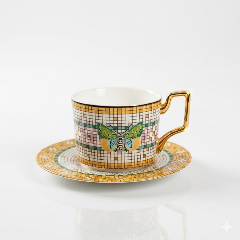 TAZA C/PLATO CERAMICA MOSAICOS MARIPOSA ART 2412122 CAO