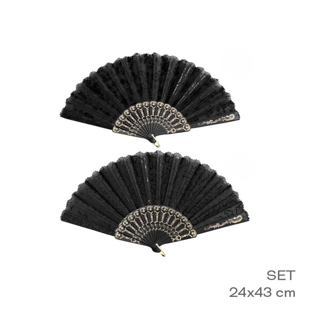 ABANICOS NEGRO Y DORADO C/CORAZONES / FLORES ART 55011 DAO