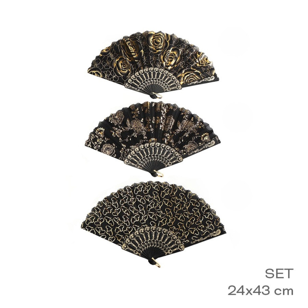 ABANICOS DORADO Y NEGRO C/CORAZONES - FLORES ART 55012 DAO