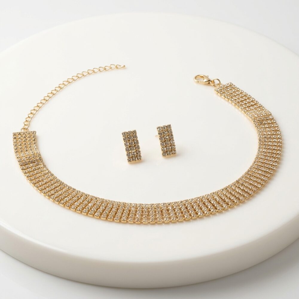 SET CHOCKER+AROS STRASS 5 FILAS DORADO ART UR-050711-1 JAO