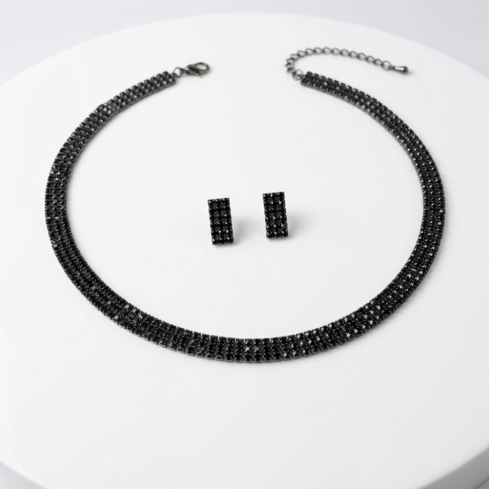 SET CHOCKER+AROS STRASS 3 FILAS NEGRO ART UR-050710-3 JAO