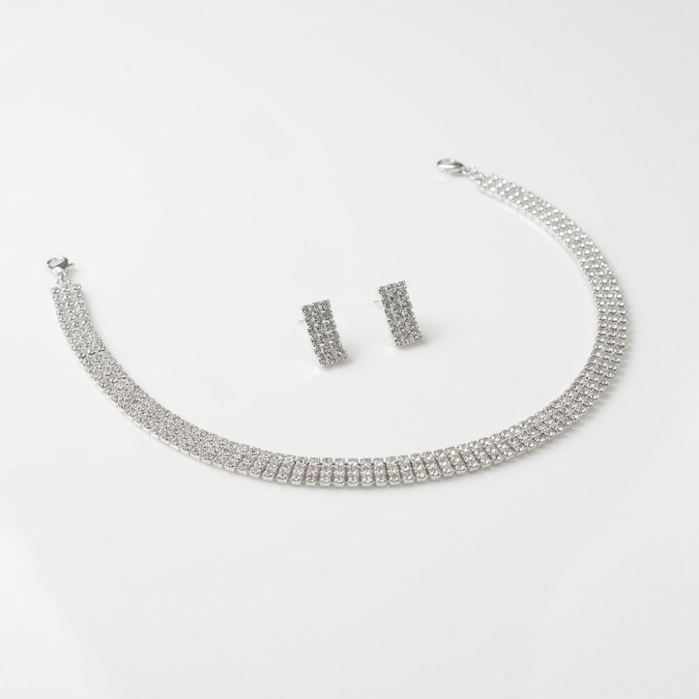 SET CHOCKER+AROS STRASS 3 FILAS PLATEADO ART UR-050710-2 JAO